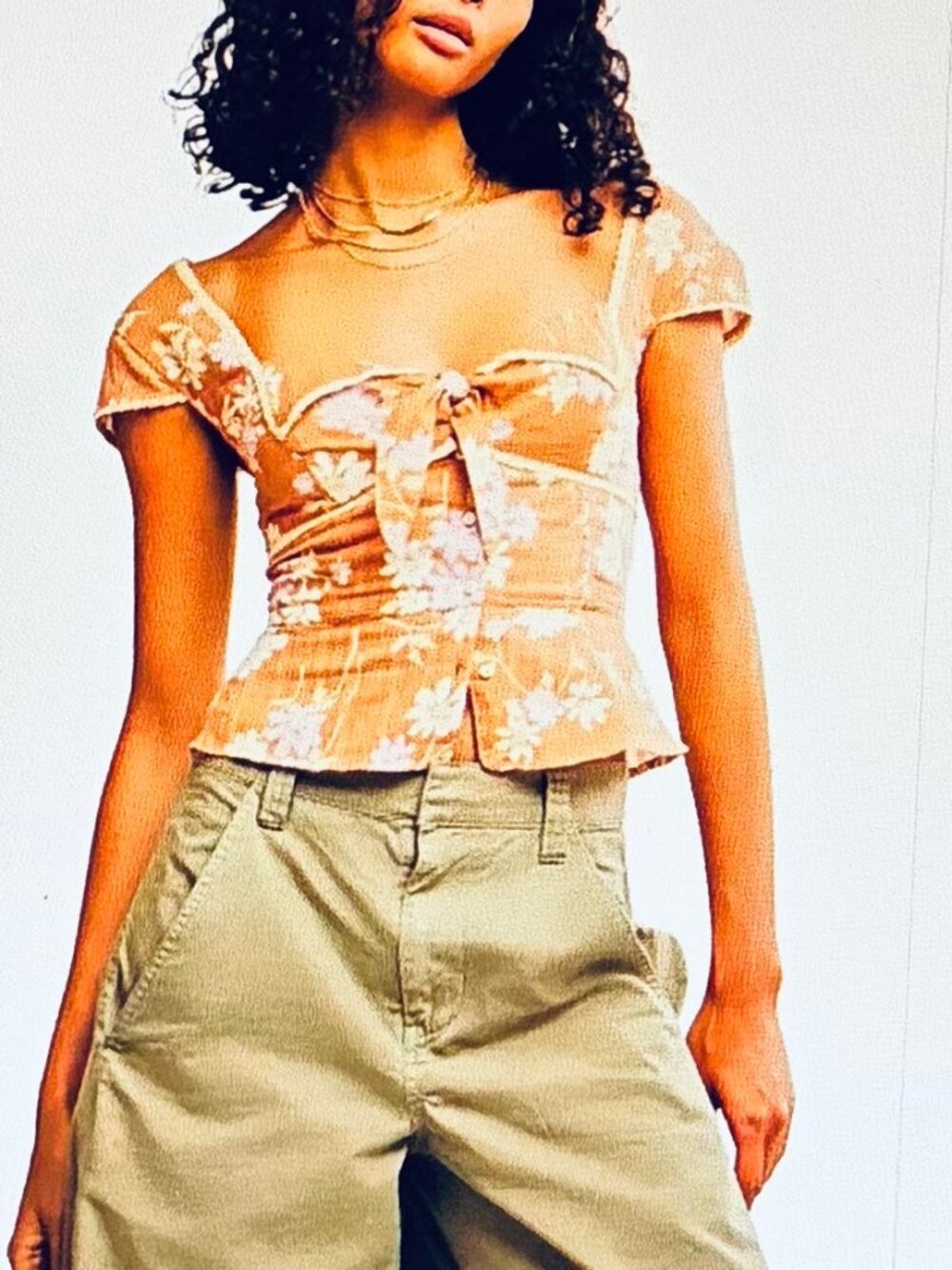 Free People Call Me Baby Blouse in Meerkat Brown Combo Daisy Motif (L)